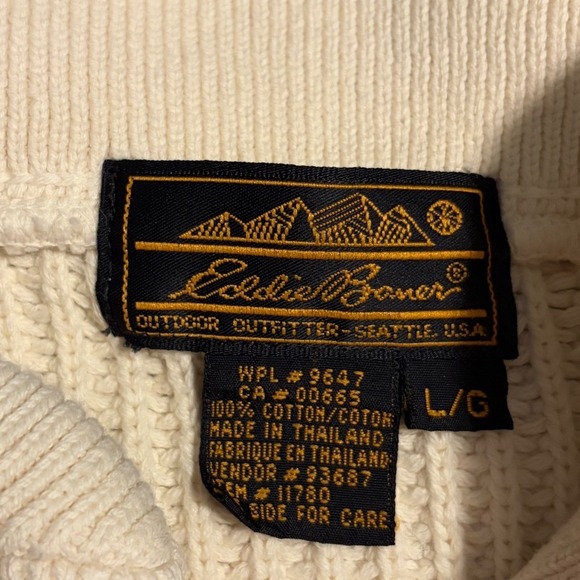 Vintage Eddie Bauer Mens L Cream Ribbed Cotton Henley Sweater Mock Neck 11780 - Picture 4 of 5